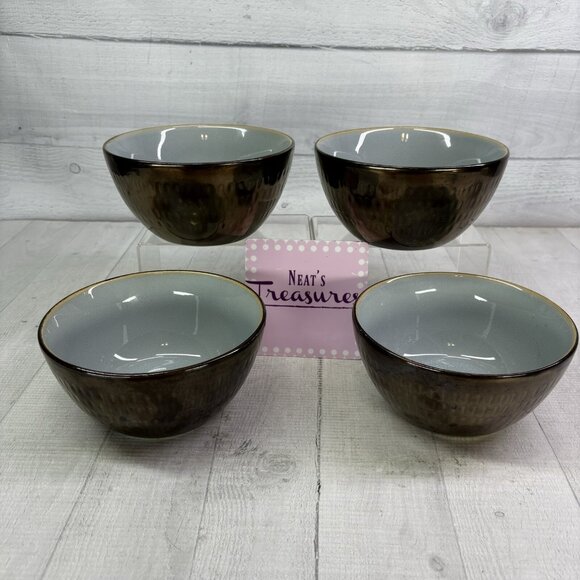 Food Network ANGELICA Blue Bronze Metallic Stoneware 6" Soup Cereal Bowls Set 4 - Picture 1 of 16